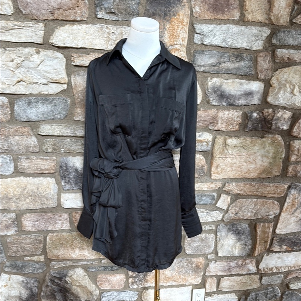 Black Satin Shirt Dress with Belt